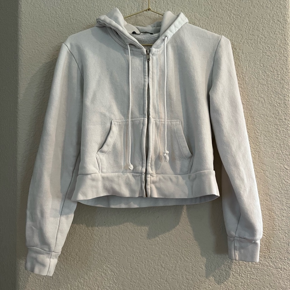 Brandy Melville White Zip Up Cropped Hoodie